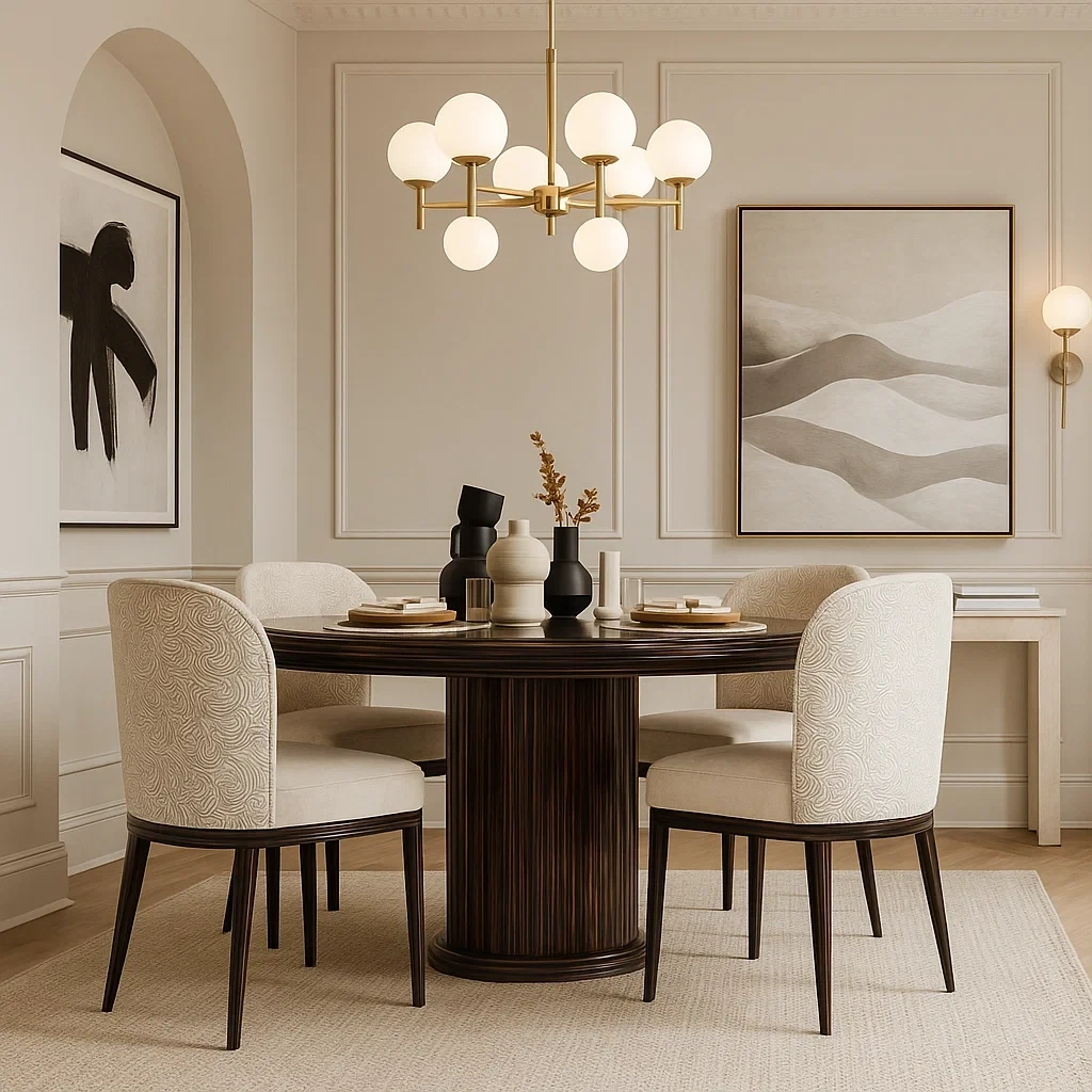 Ensemble salle à manger moderne en bois foncé avec table ronde et 4 chaises rembourrées