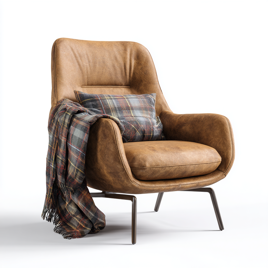 fauteuil moderne en cuir avec accoudoirs et plaid