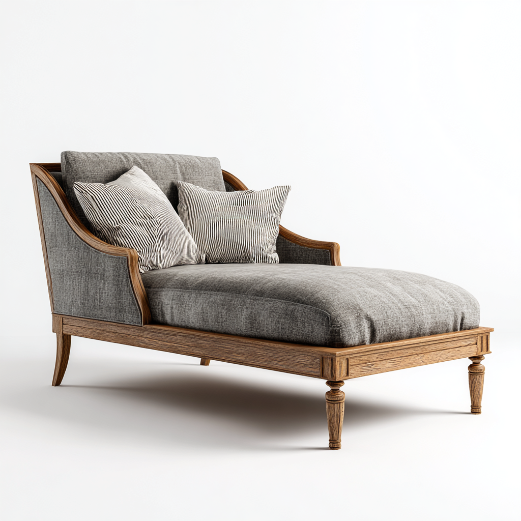 Chaise longue en bois avec accoudoirs et coussins à rayures