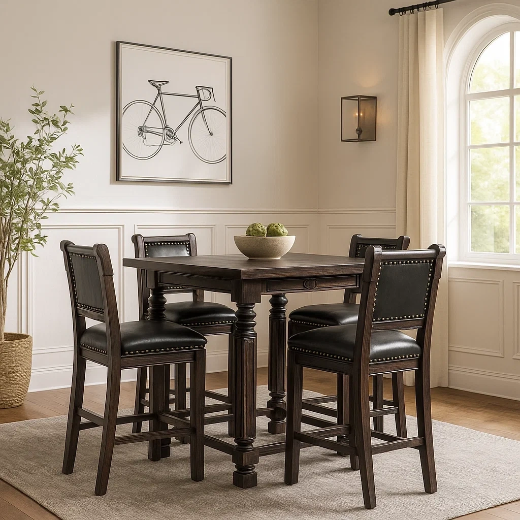 Ensemble table à manger carrée rustique en bois foncé avec 4 chaises hautes rembourrées