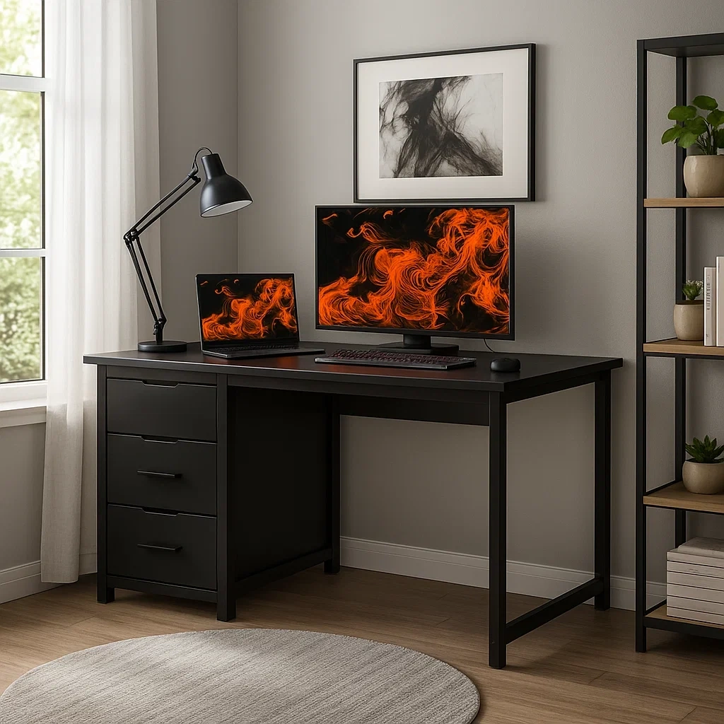 Bureau informatique moderne avec tiroirs de rangement noir