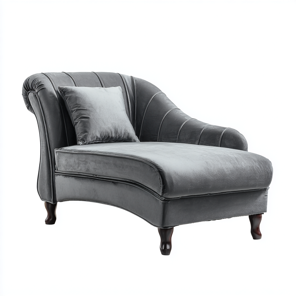Chaise longue élégante en velours gris avec coussin assorti et pieds sculptés