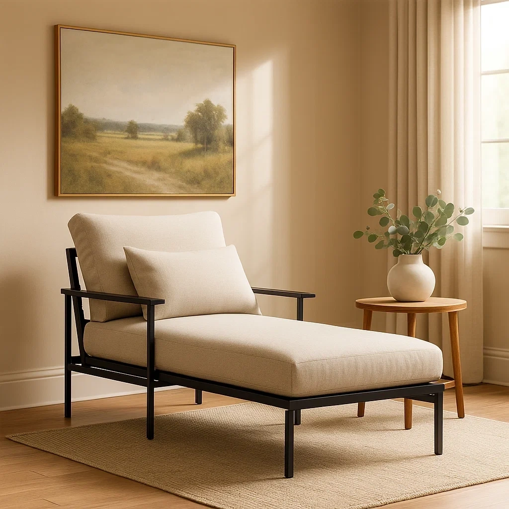 Chaise longue moderne avec structure en métal noir et coussins beiges