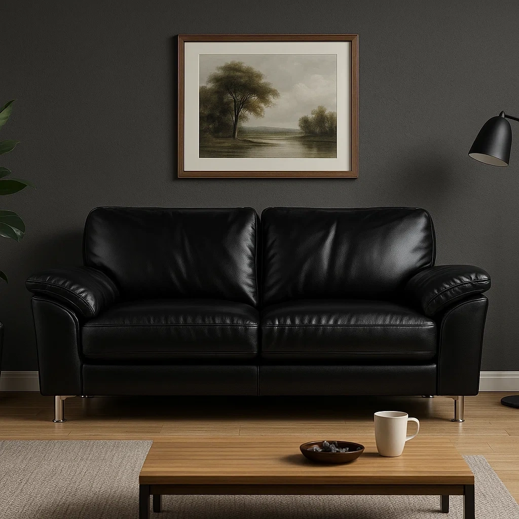 Canapé en cuir noir avec pieds chromés