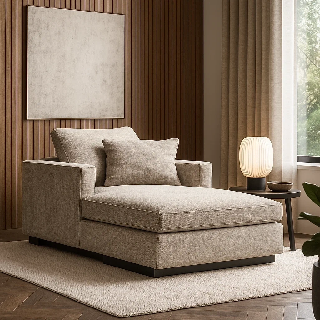 Chaise longue moderne en tissu beige avec accoudoirs rectangulaires et coussins inclus