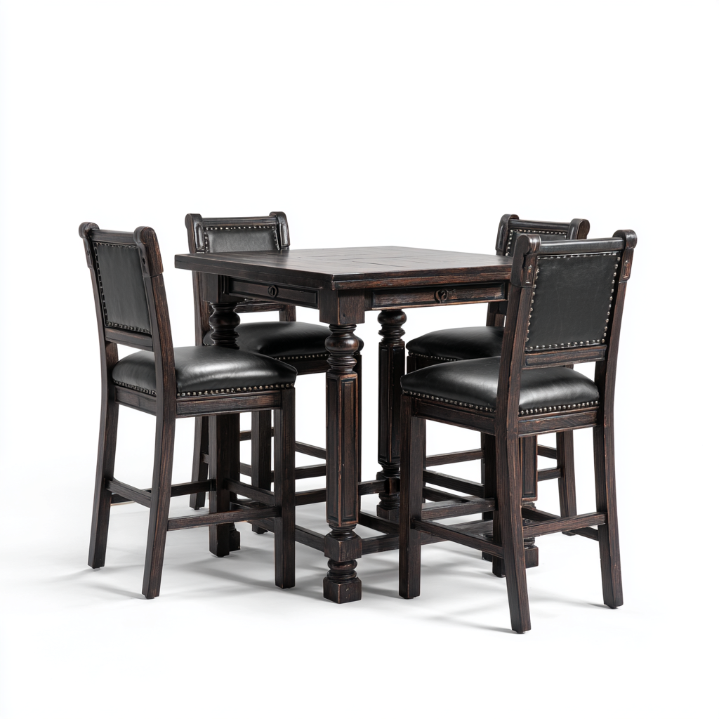 Ensemble table à manger carrée rustique en bois foncé avec 4 chaises hautes rembourrées