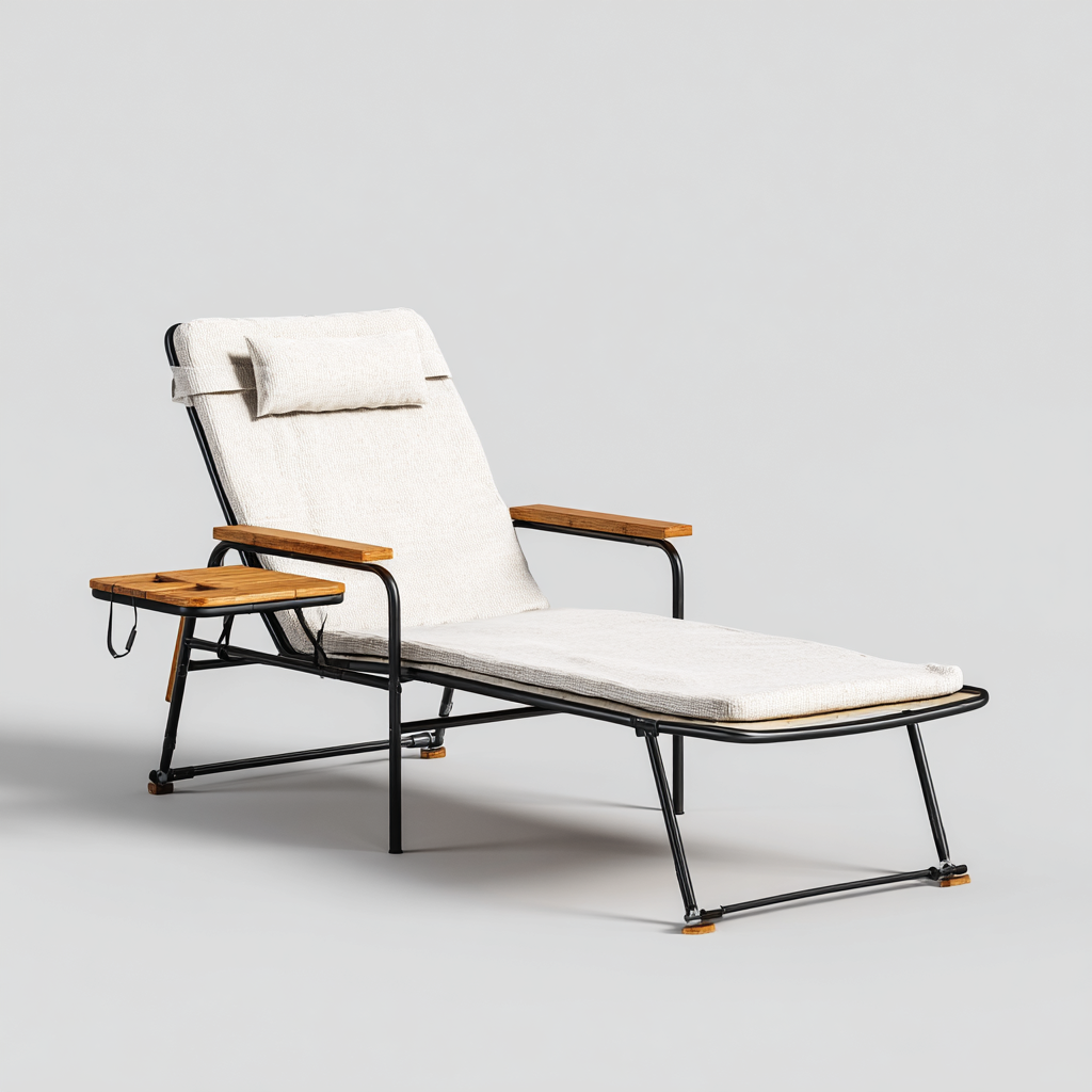 Chaise longue réglable avec accoudoirs en bois et coussin