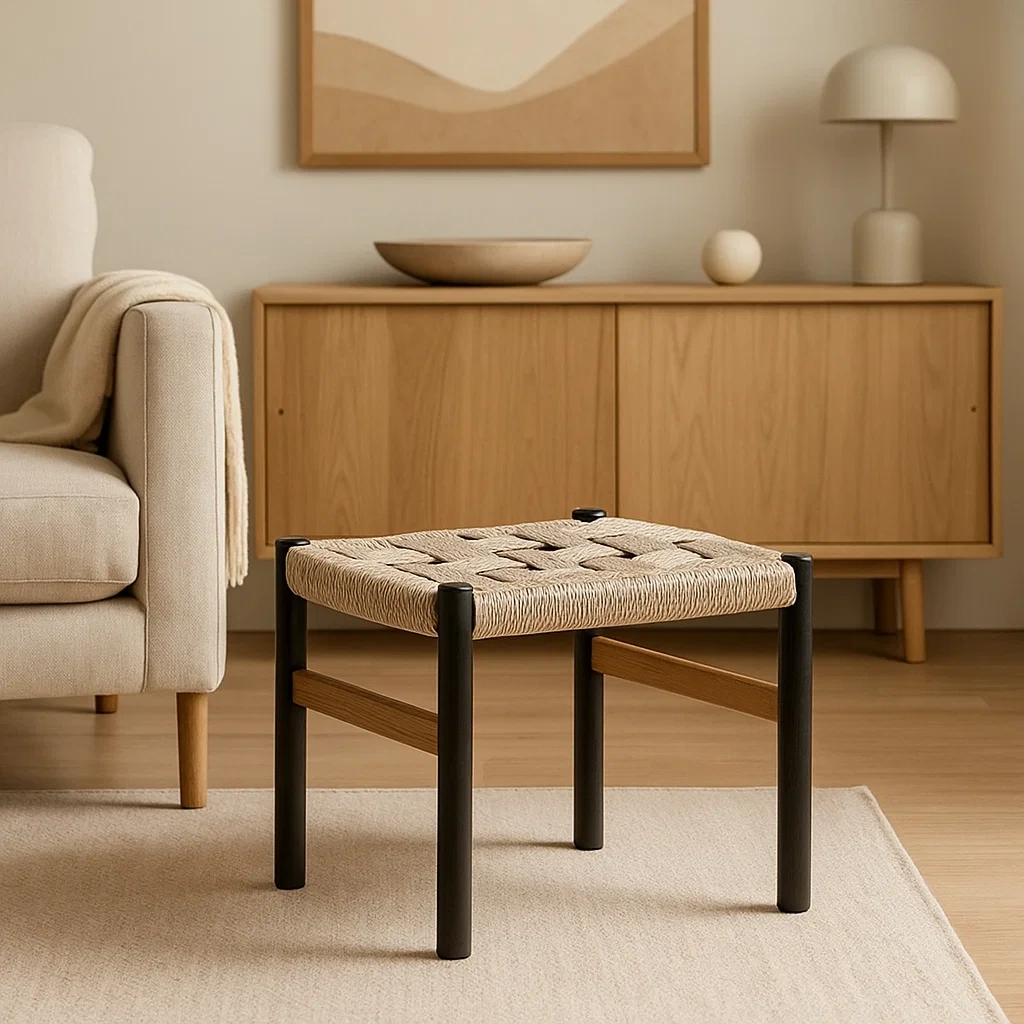 Tabouret en corde tressée avec structure en bois et métal