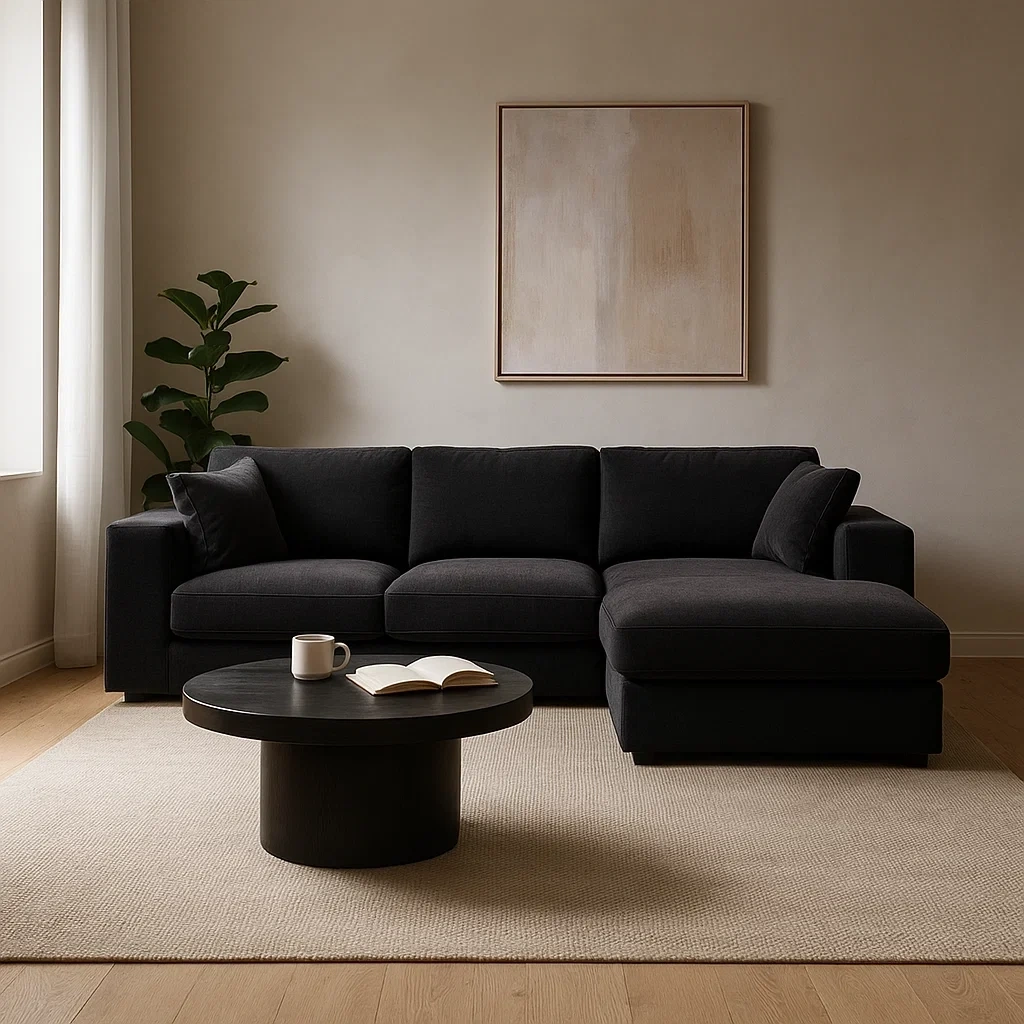 Canapé trois places noir avec méridienne