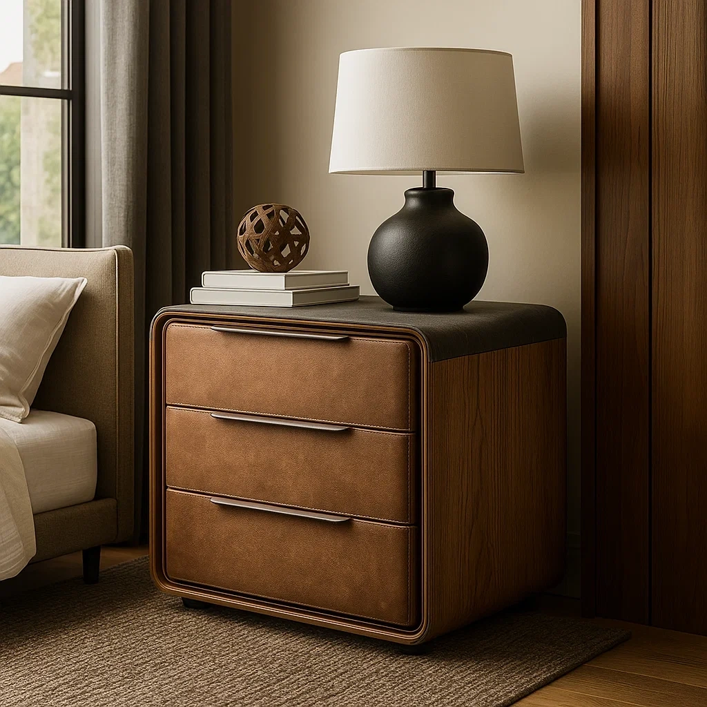 Commode moderne avec trois tiroirs et plateau en cuir foncé