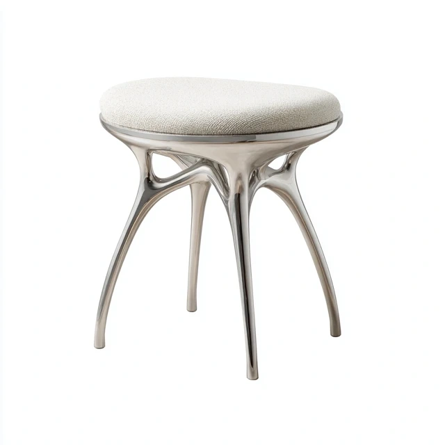 Tabouret rond moderne avec cadre métallique poli et assise rembourrée