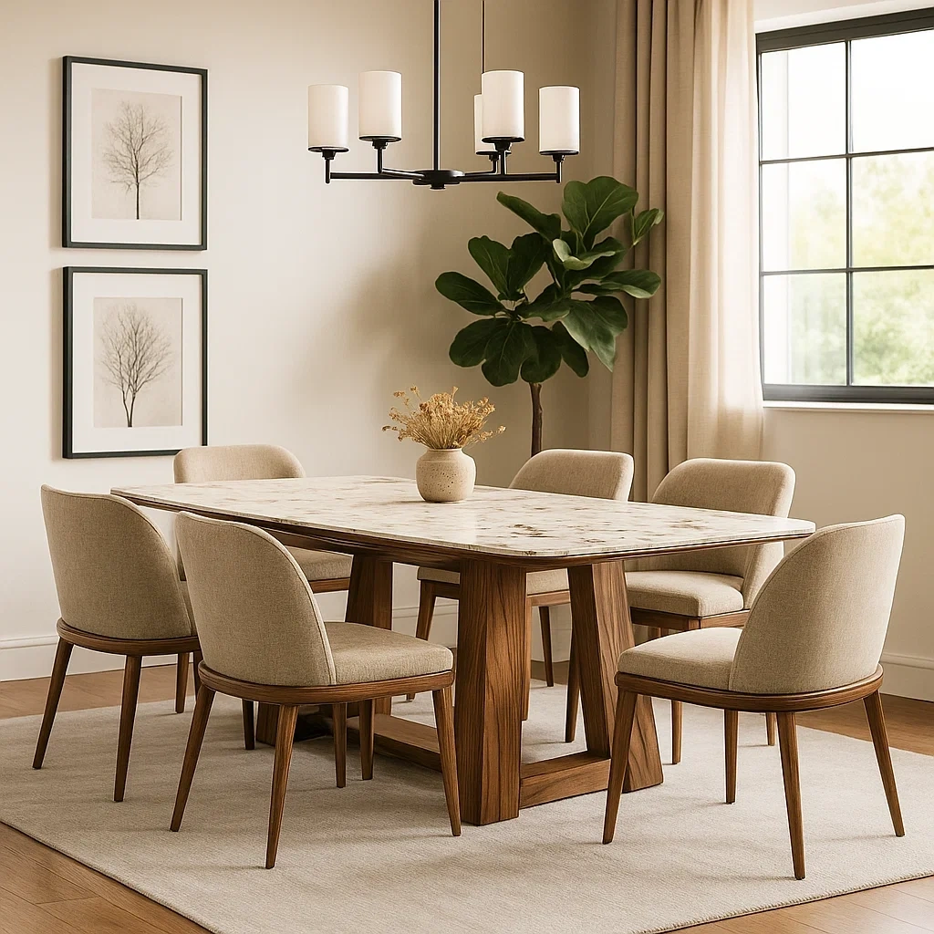 Ensemble de salle à manger 7 pièces avec table rectangulaire en marbre et 6 chaises rembourrées