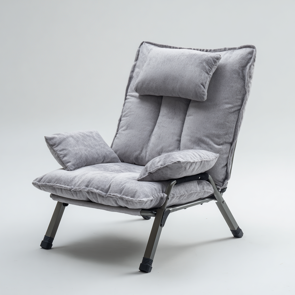 Chaise longue pliante en tissu gris avec coussins rembourrés