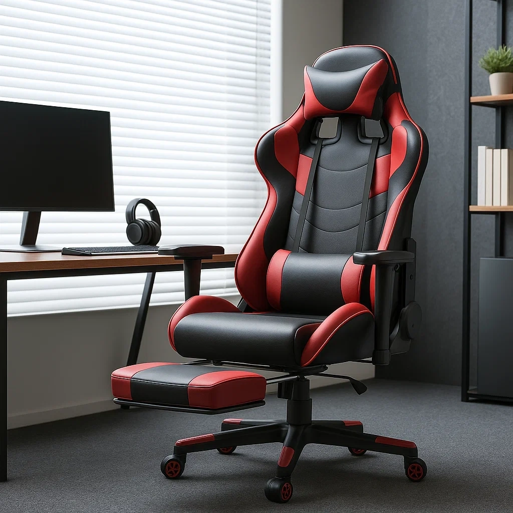 Chaise de bureau gaming ergonomique rouge et noire avec repose-pieds