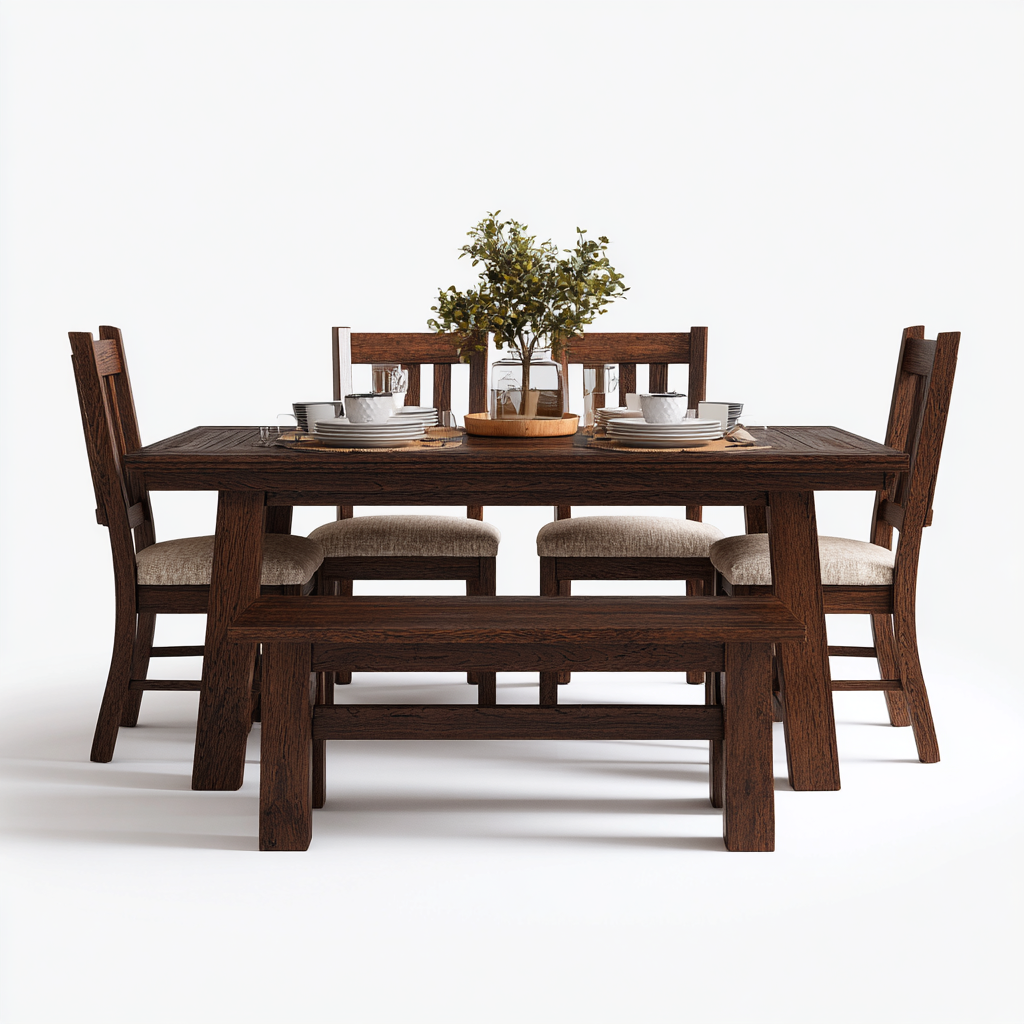 Ensemble salle à manger en bois massif avec table rectangulaire, 4 chaises et 1 banc