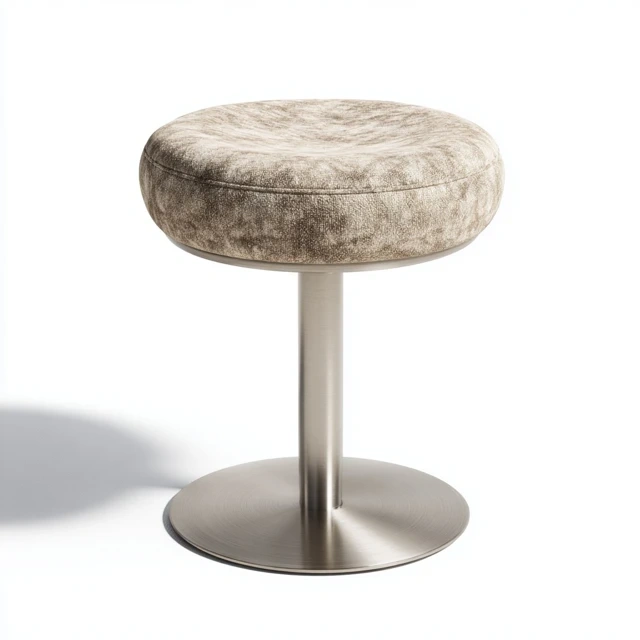 Tabouret rond avec assise rembourrée et base en métal brossé