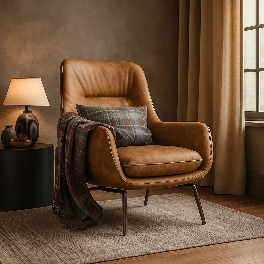fauteuil moderne en cuir avec accoudoirs et plaid