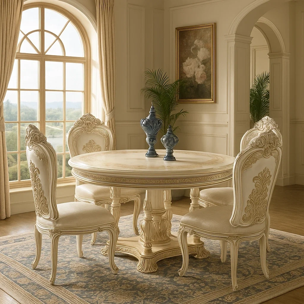 Ensemble de salle à manger ronde en bois sculpté avec 4 chaises rembourrées