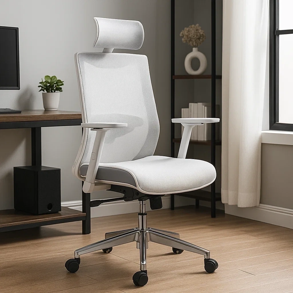 Chaise longue de bureau ergonomique en maille blanche avec appui-tête réglable
