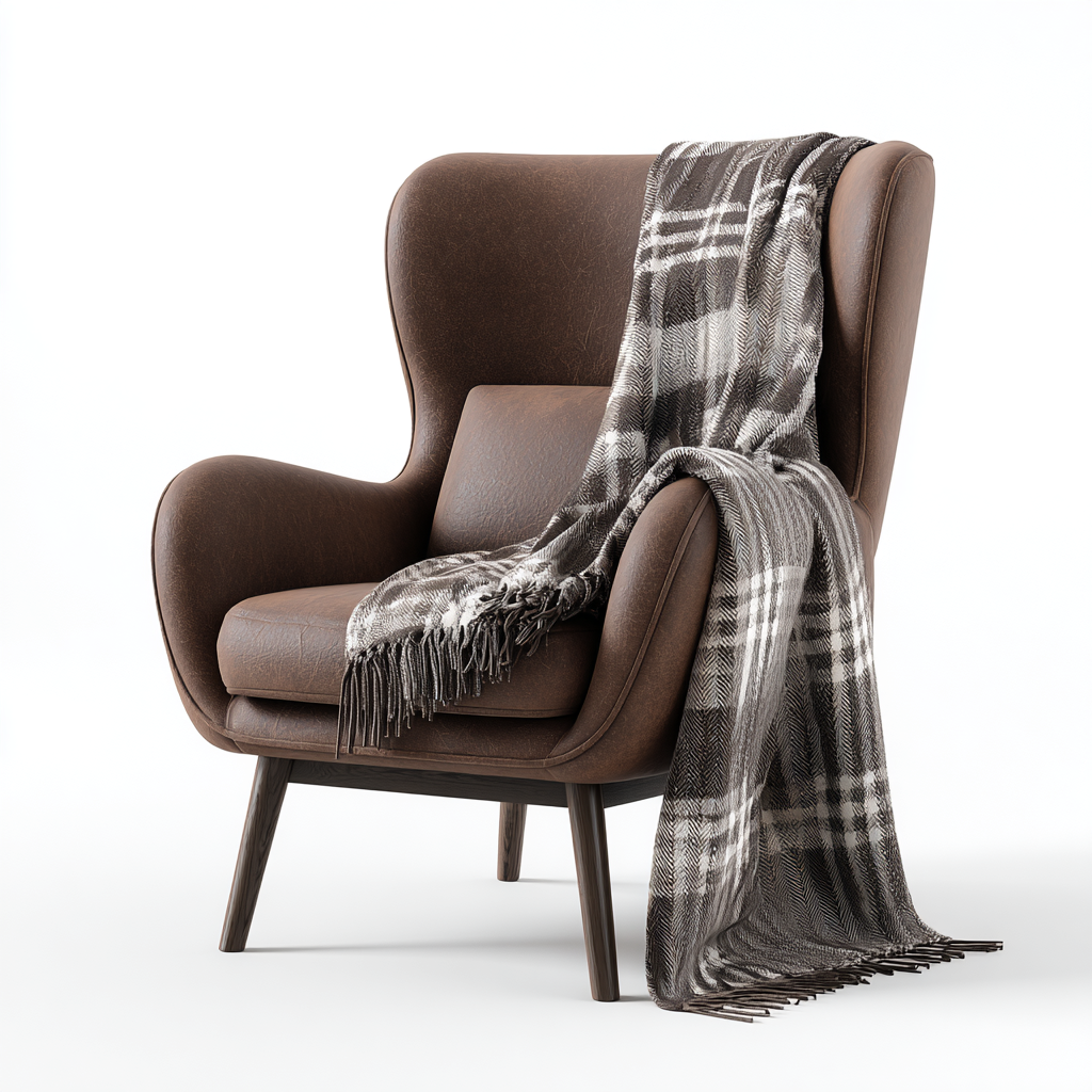 Fauteuil moderne en cuir brun avec plaid décoratif