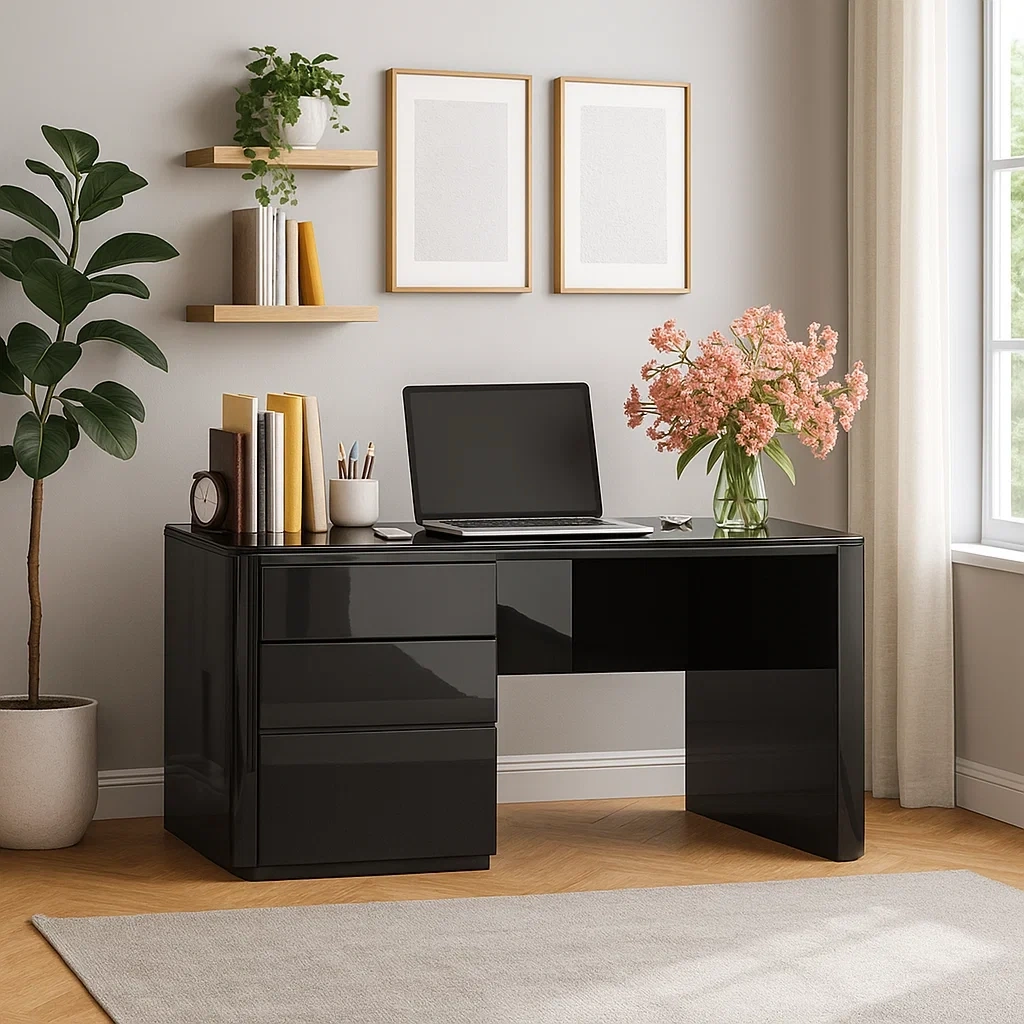 Bureau de bureau moderne en verre noir avec tiroirs latéraux