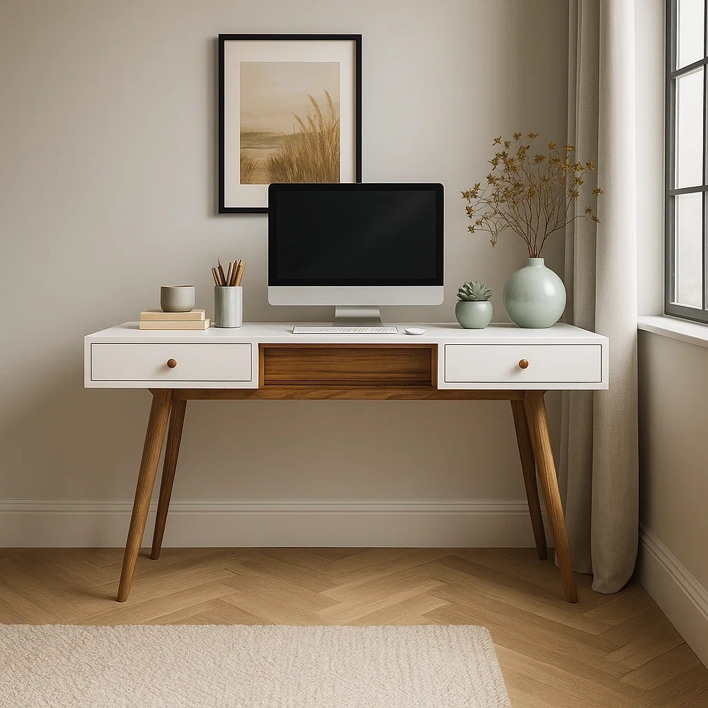 Bureau moderne en bois avec tiroirs blancs et pieds en bois naturel