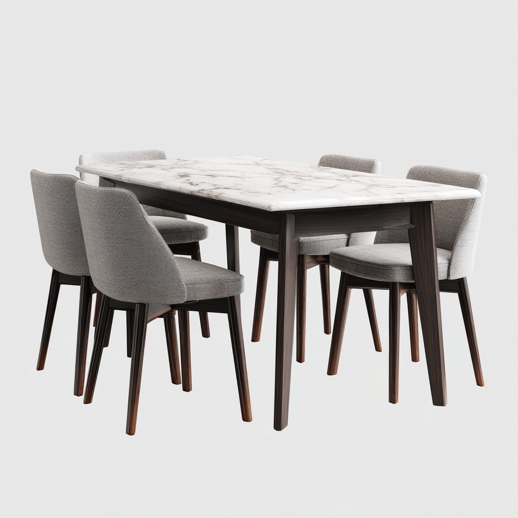 Ensemble de salle à manger 7 pièces avec table rectangulaire en marbre et 6 chaises en tissu gris