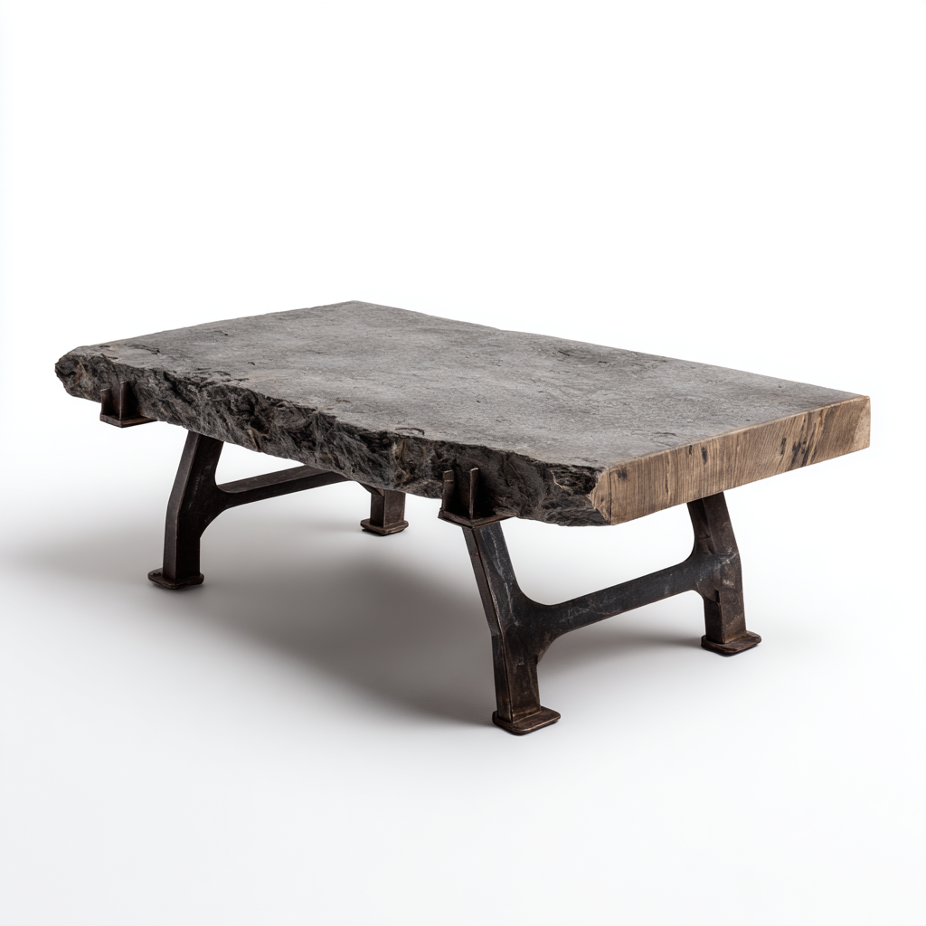 Table basse industrielle en pierre brute avec pieds en métal