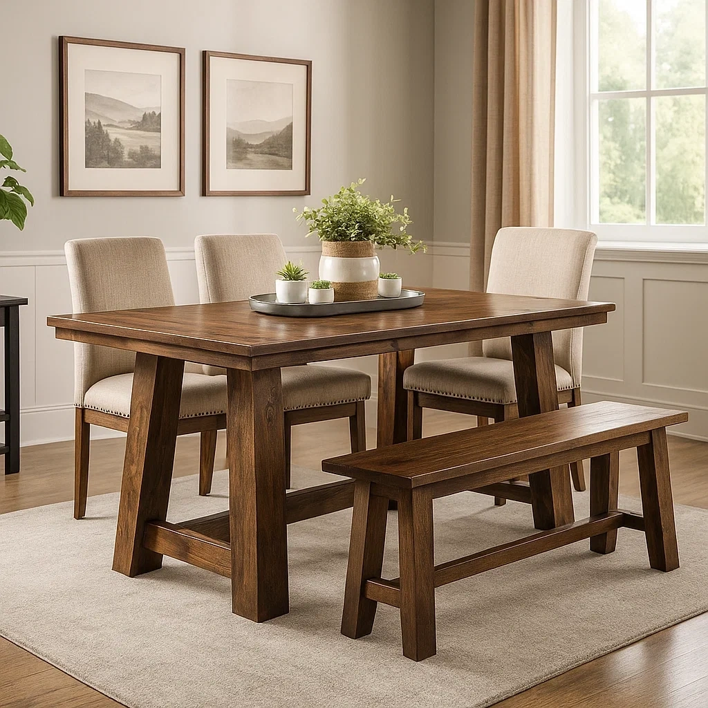 Ensemble salle à manger rustique avec table rectangulaire, 3 chaises et 1 banc en bois