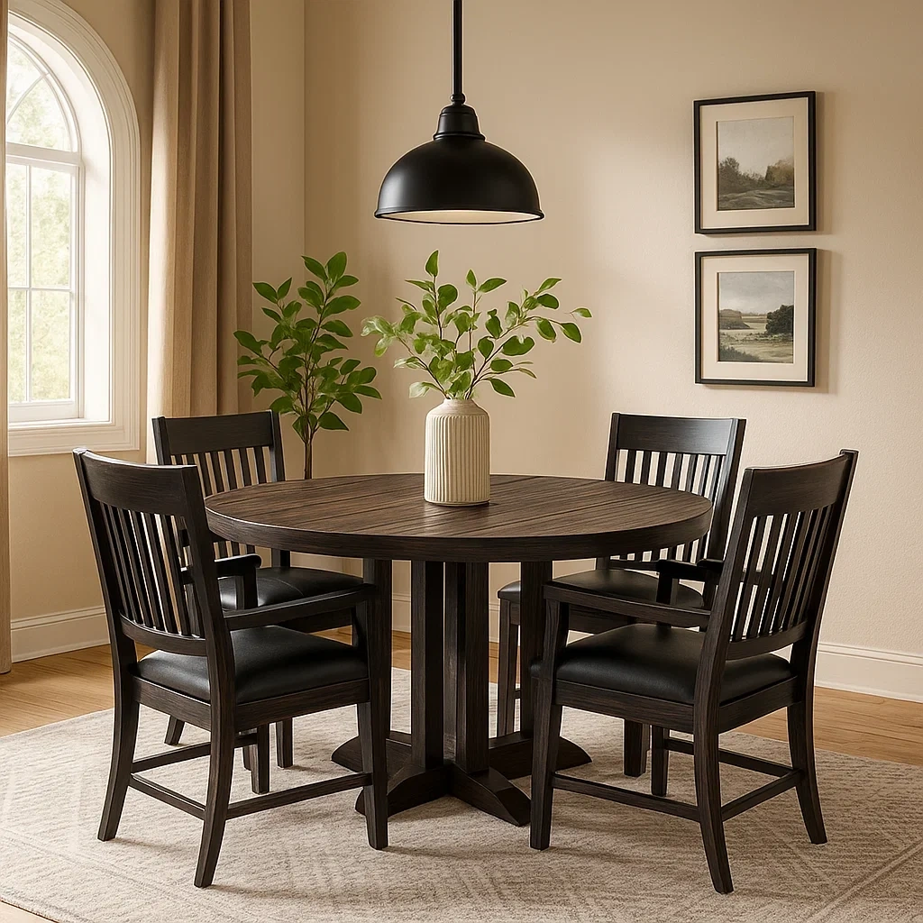 Ensemble de salle à manger rond 5 pièces en bois foncé avec chaises rembourrées en cuir