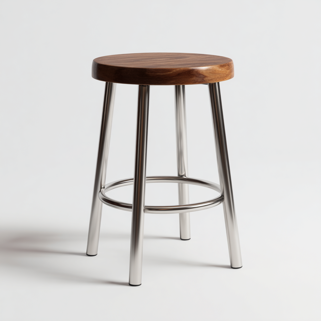tabouret moderne avec assise ronde en bois et pieds en métal
