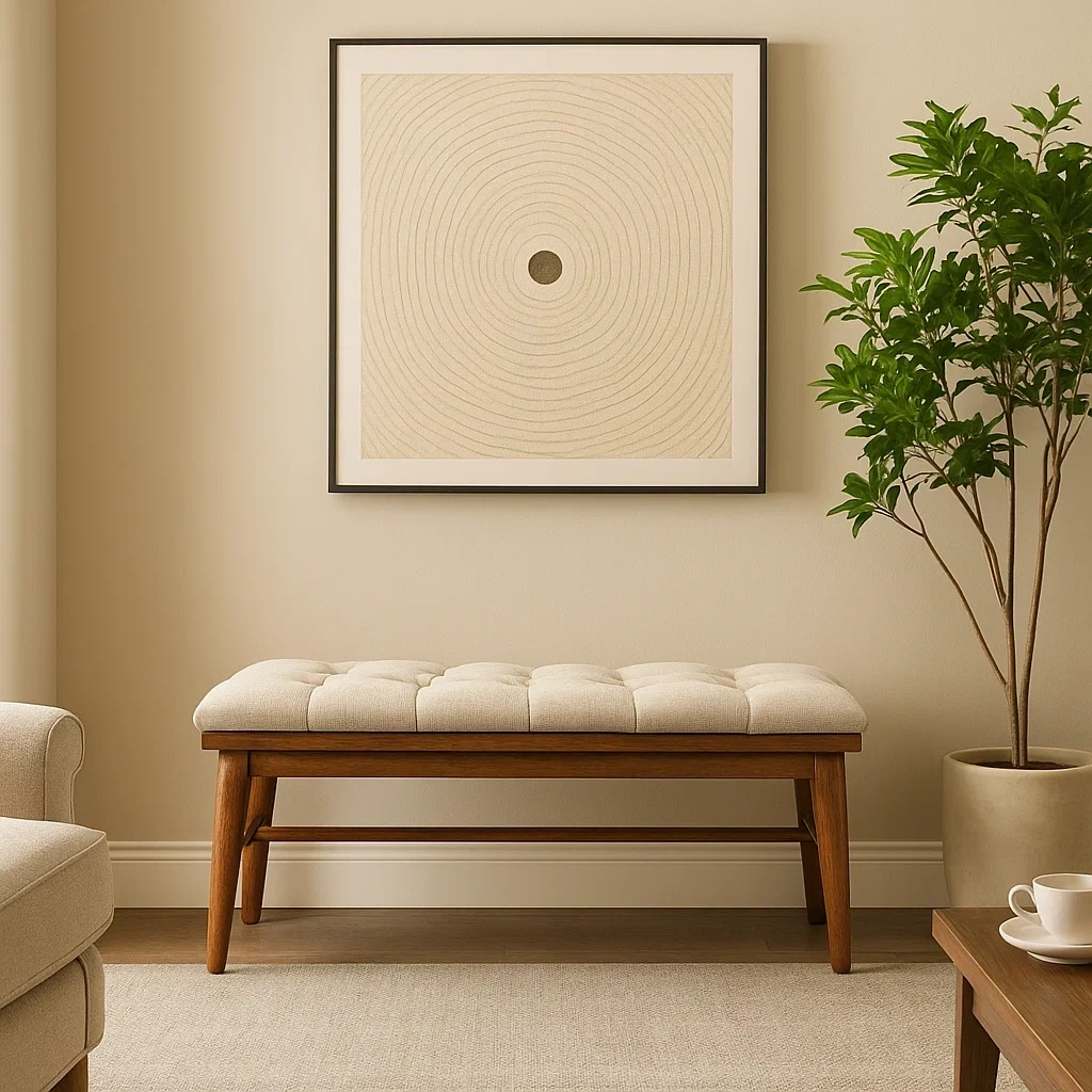 Banc capitonné avec assise rembourrée et structure en bois