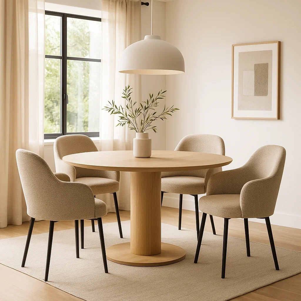 Ensemble de salle à manger rond 5 pièces en bois clair avec chaises rembourrées