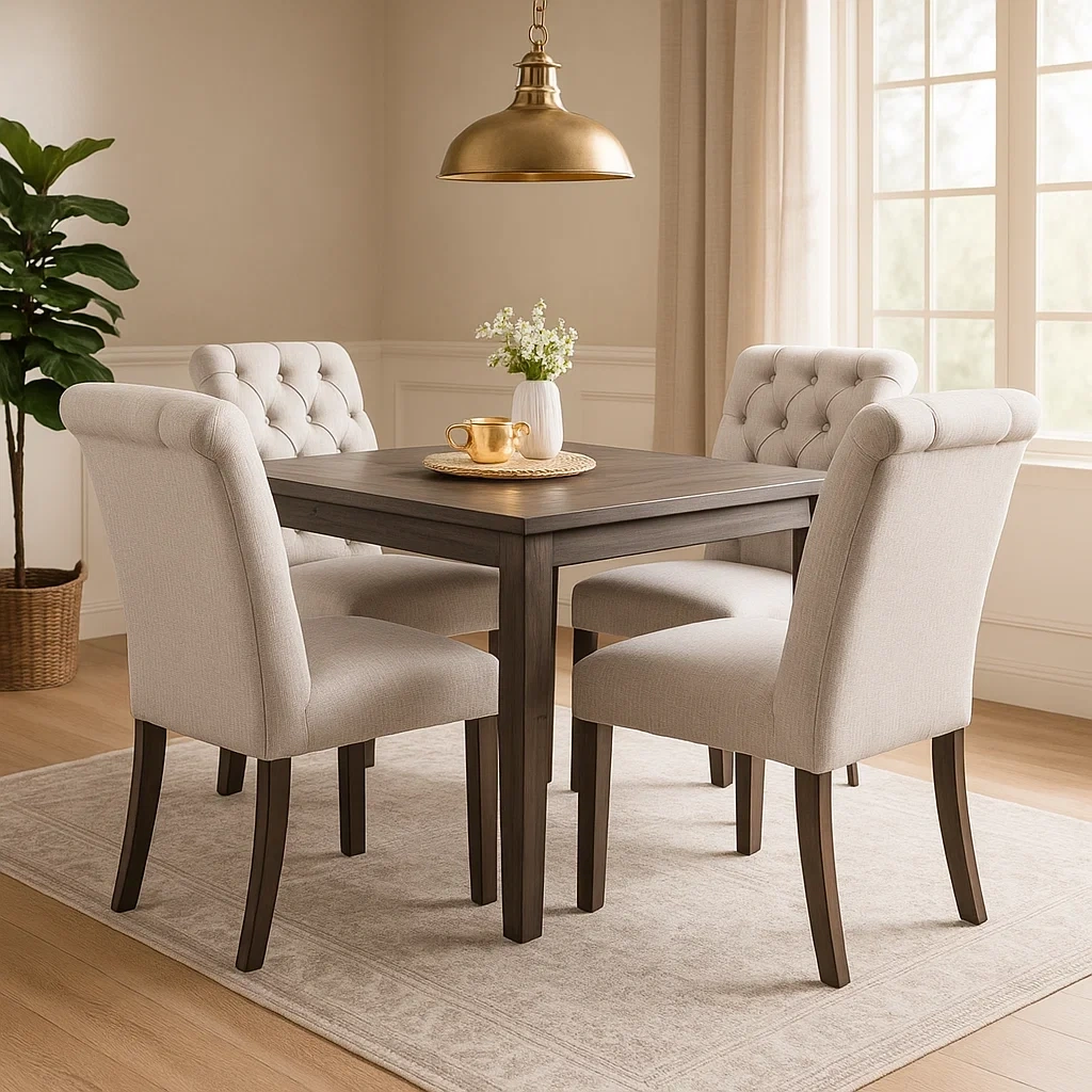 Ensemble salle à manger moderne avec table carrée et 4 chaises capitonnées