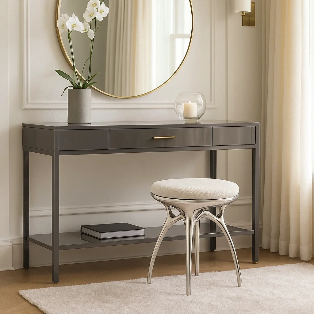 Tabouret rond moderne avec cadre métallique poli et assise rembourrée