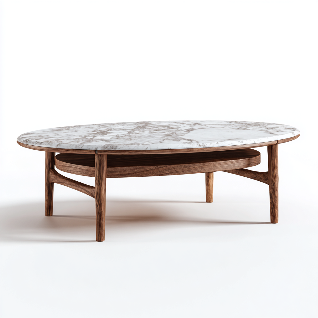 Table basse ovale en marbre et noyer