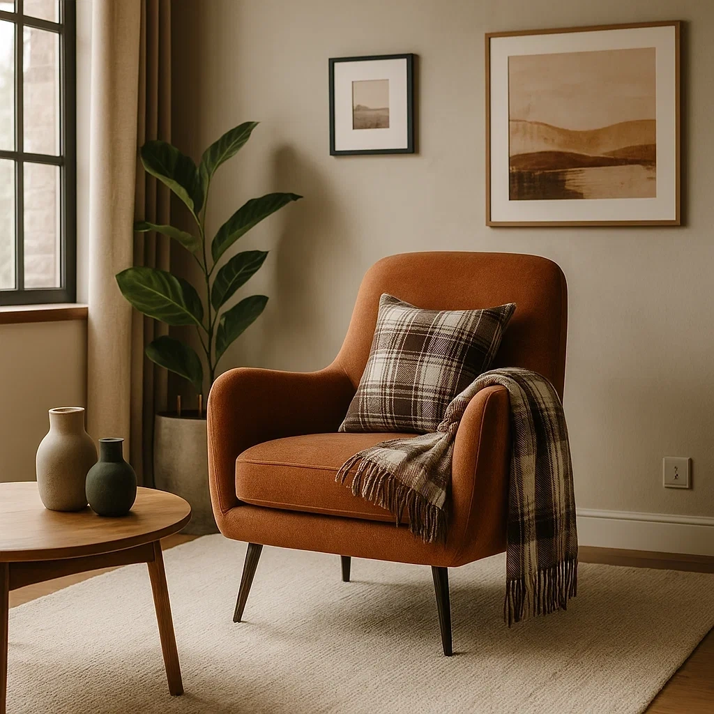Fauteuil moderne en velours brun avec coussin et plaid décoratif