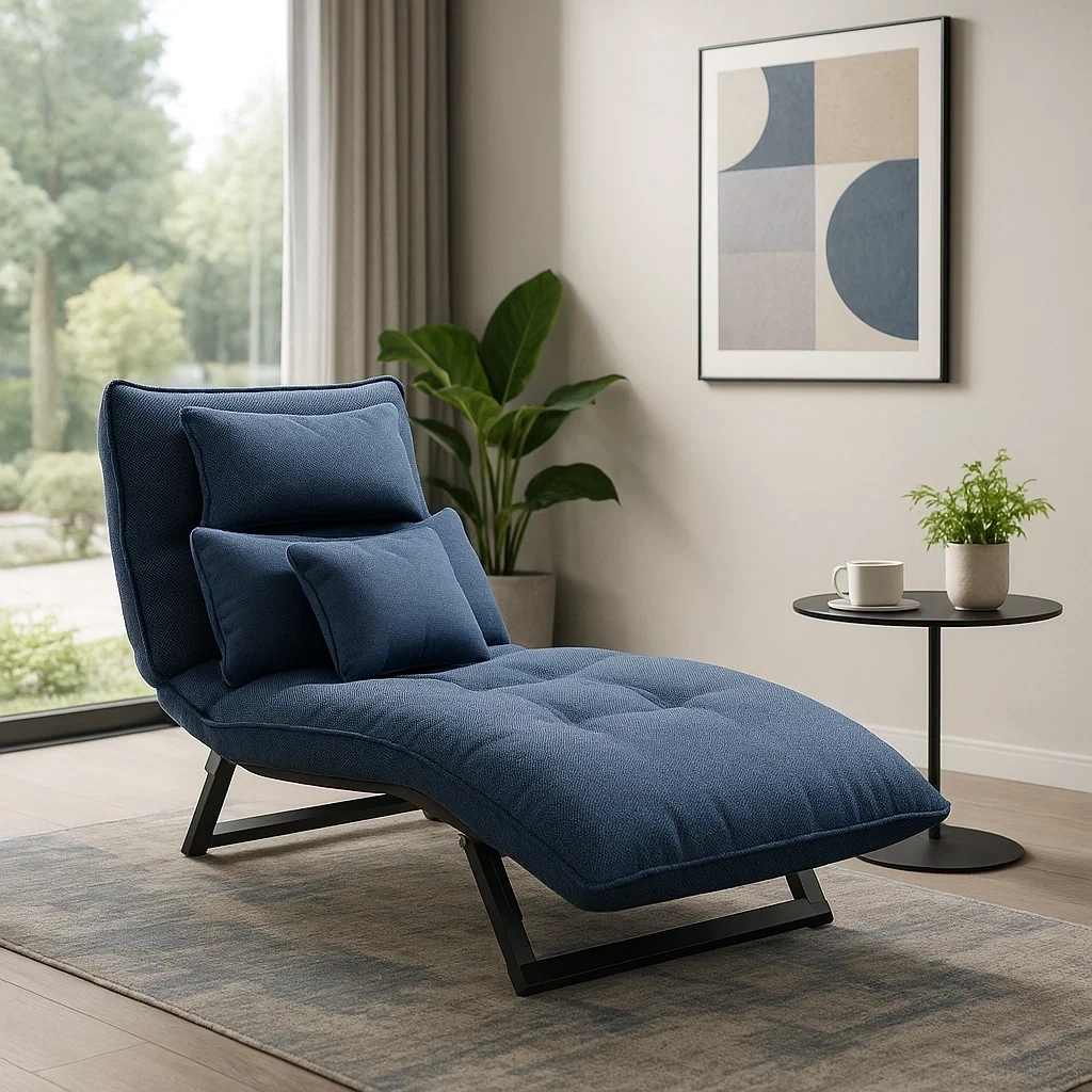 Chaise longue pliante en tissu bleu foncé avec coussins de soutien