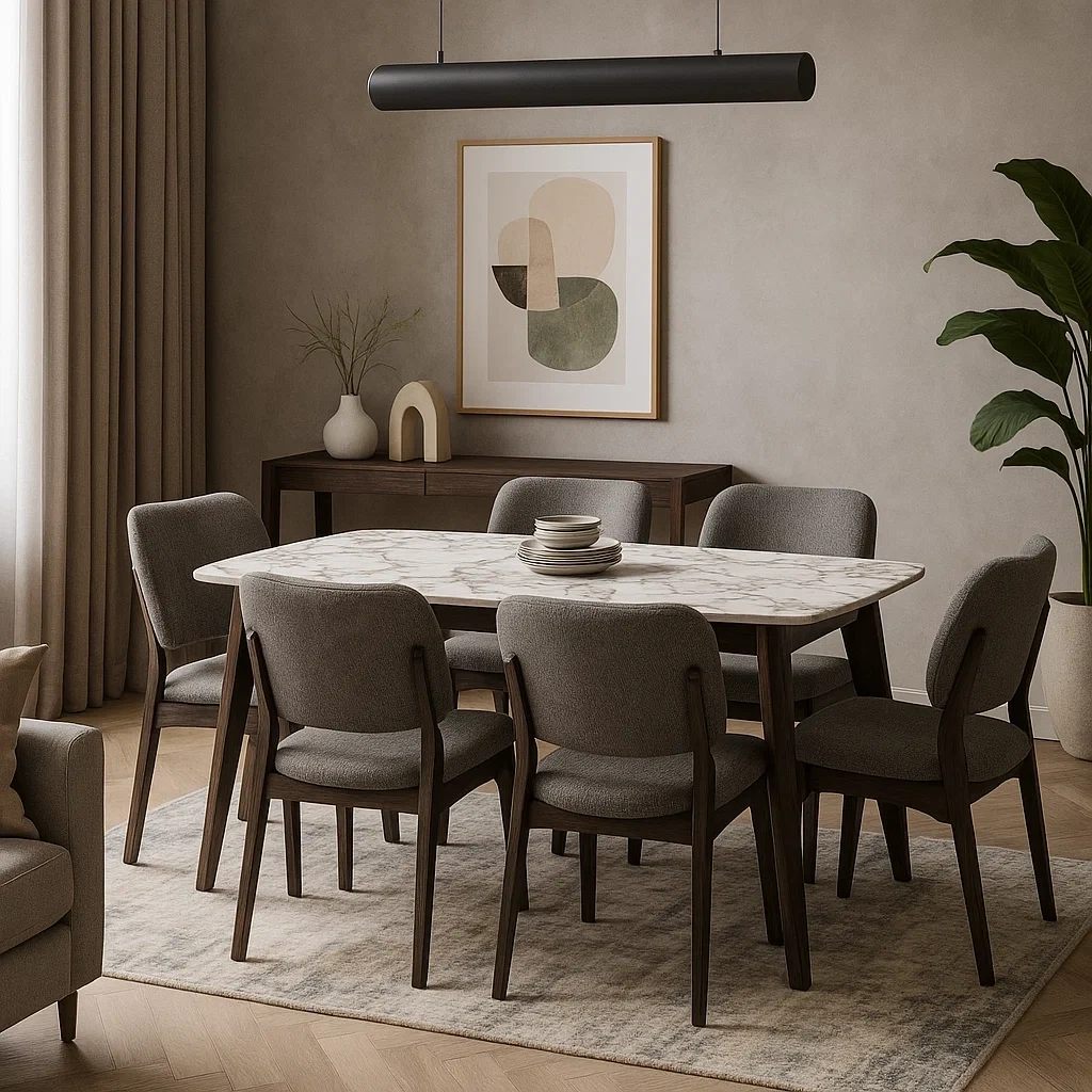 Ensemble de salle à manger 7 pièces avec table rectangulaire en marbre et 6 chaises en tissu gris