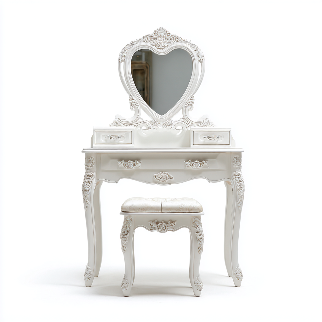 Coiffeuse de style français avec miroir en forme de cœur et tabouret assorti