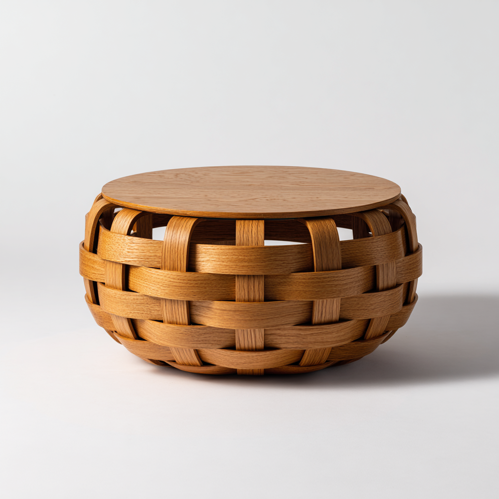Table basse ronde en bois de chêne tressé
