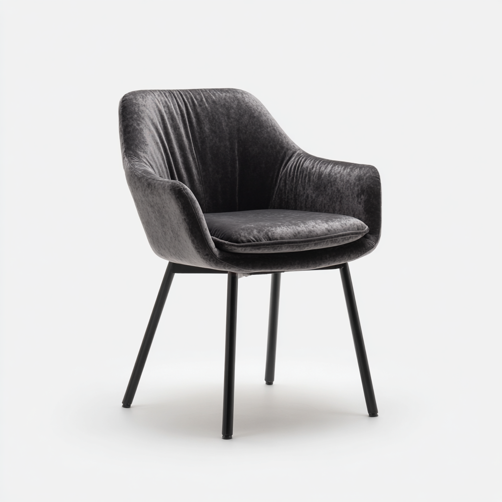 Chaise de salle à manger moderne avec accoudoirs en velours gris foncé et pieds en métal noir