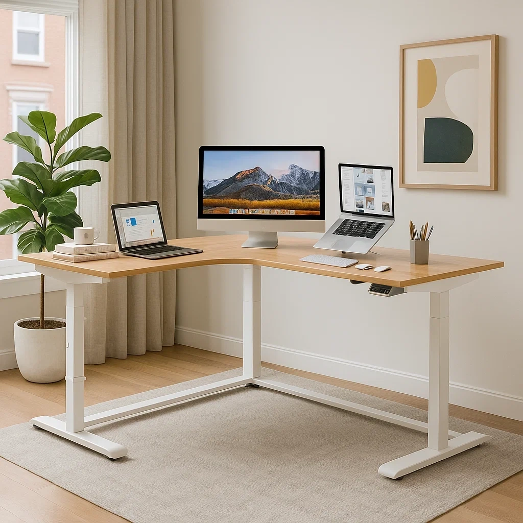 Bureau d’angle réglable en hauteur avec plateau en bois clair et cadre blanc