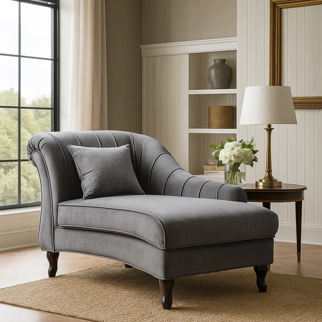 Chaise longue élégante en velours gris avec coussin assorti et pieds sculptés