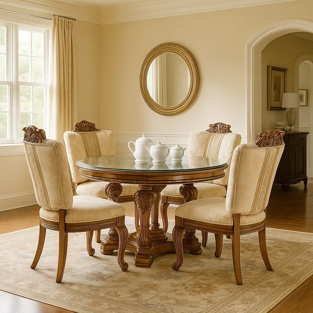 Ensemble de salle à manger ronde en bois sculpté avec plateau en verre et 4 chaises rembourrées