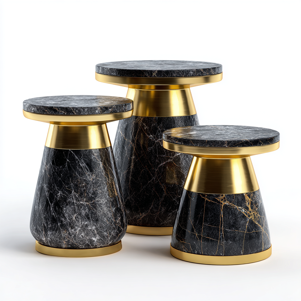 Ensemble de tables d appoint modernes en marbre noir avec détails dorés