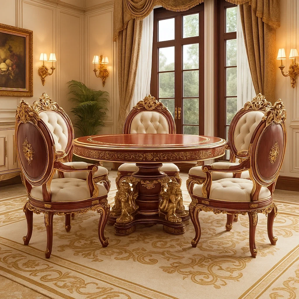 Ensemble de salle à manger ronde en bois sculpté avec 4 chaises royales