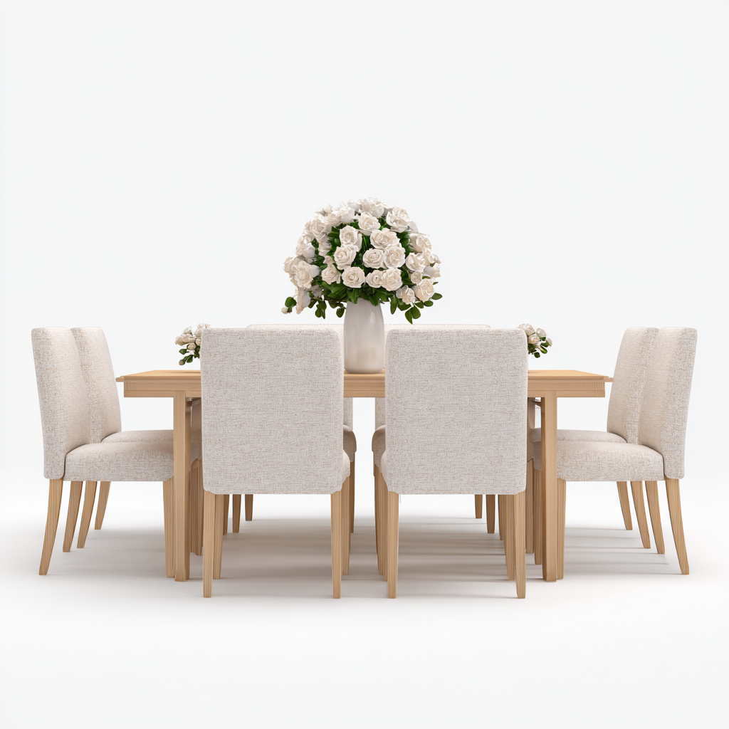 Ensemble salle à manger moderne en bois clair avec table rectangulaire et 8 chaises rembourrées