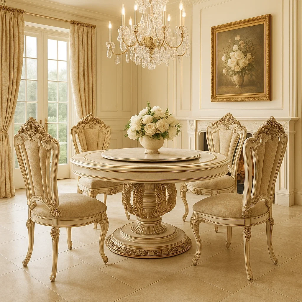 Ensemble de salle à manger ronde en marbre avec 4 chaises sculptées style baroque