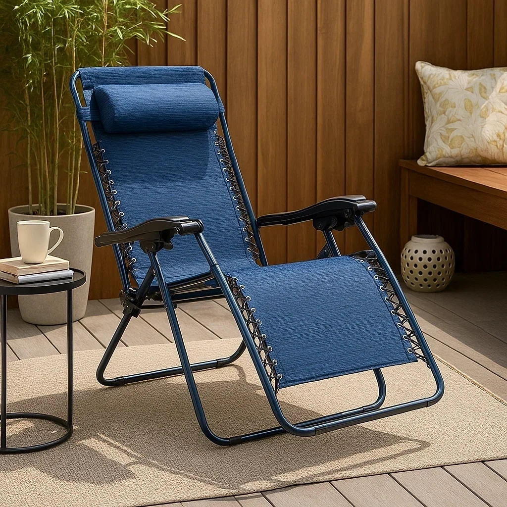 Chaise longue pliante de jardin en métal avec dossier réglable et appui-tête